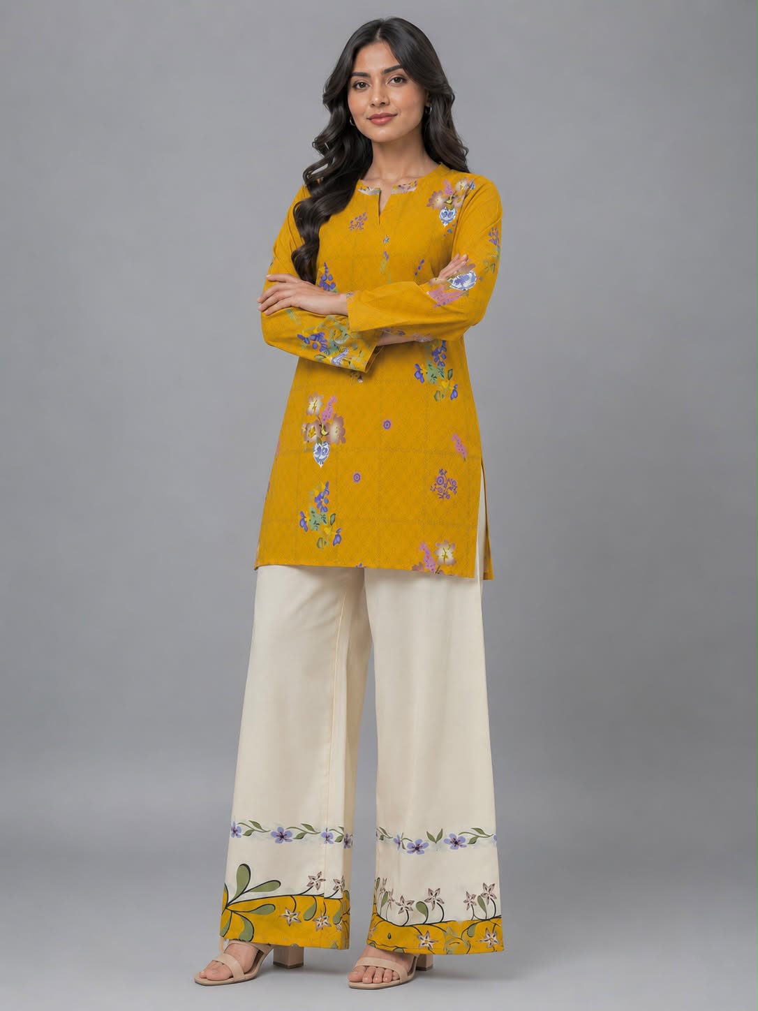 Sunlit Mustard Kurta with Printed Ivory Palazzo Trousers