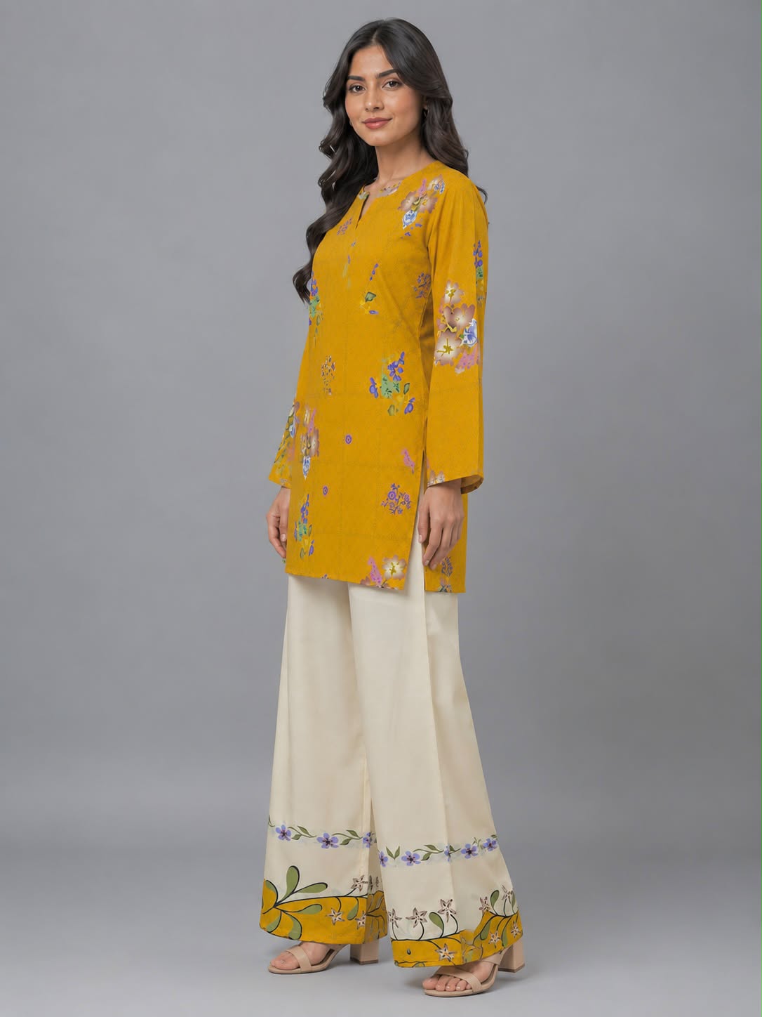 Sunlit Mustard Kurta with Printed Ivory Palazzo Trousers