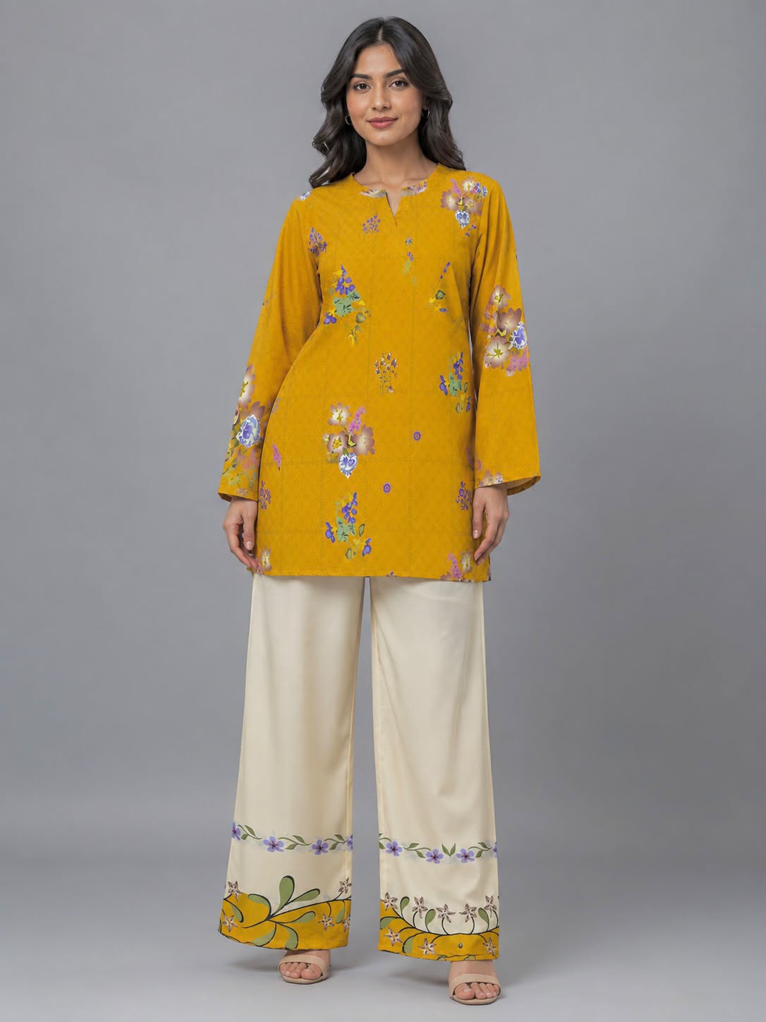 Sunlit Mustard Kurta with Printed Ivory Palazzo Trousers