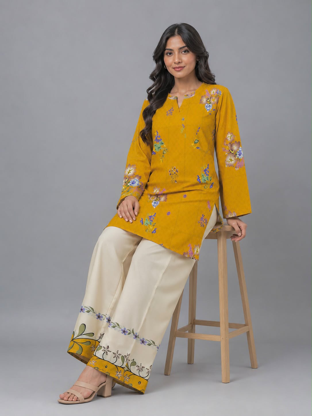 Sunlit Mustard Kurta with Printed Ivory Palazzo Trousers