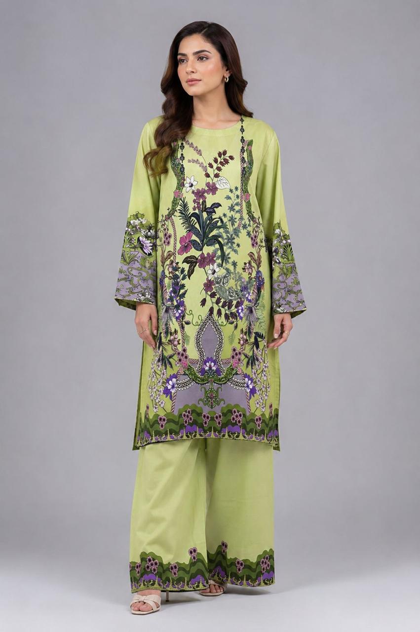 Fresh Lime Tropical Floral Kurta with Wide-Leg Trousers