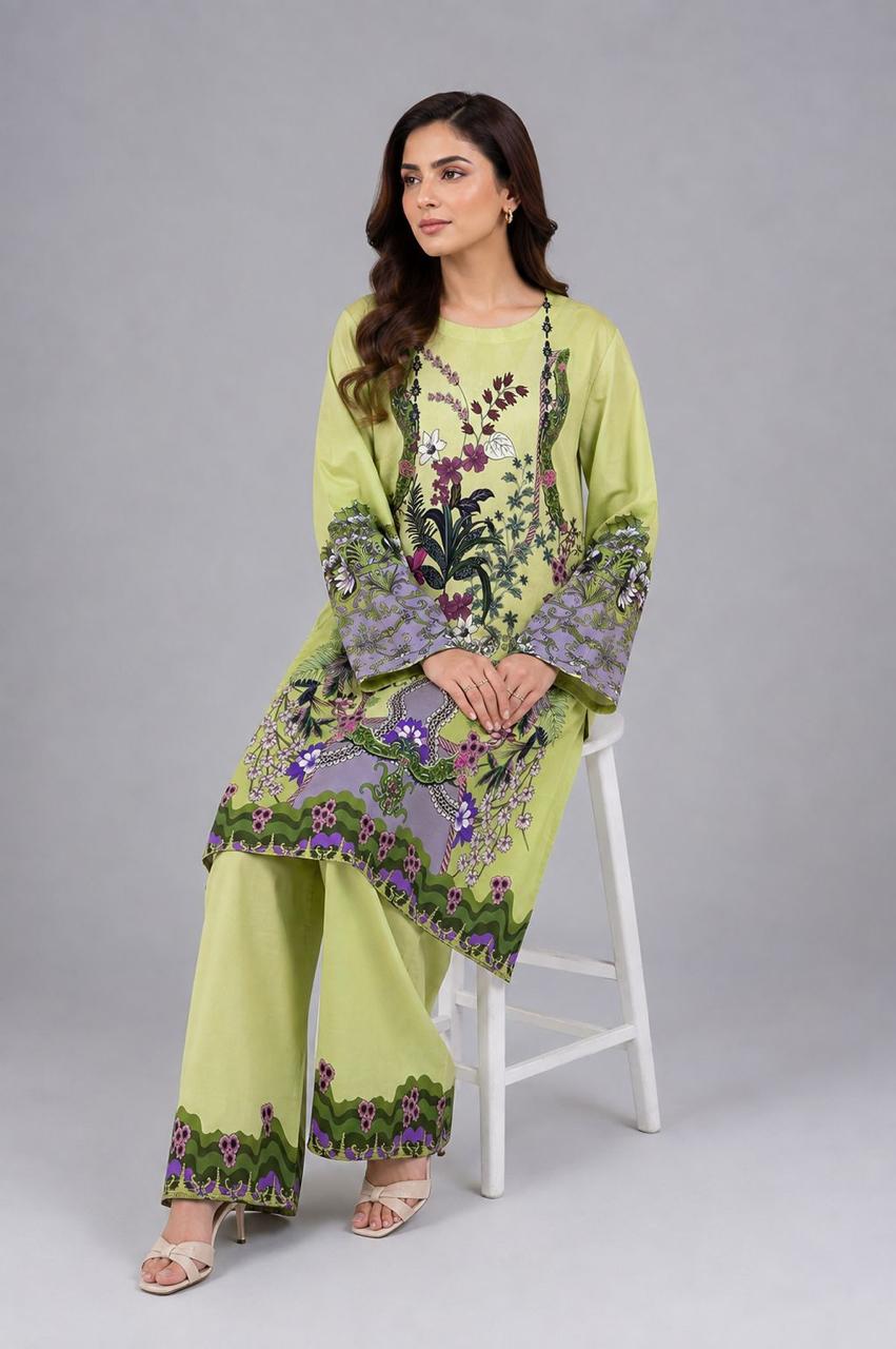 Fresh Lime Tropical Floral Kurta with Wide-Leg Trousers