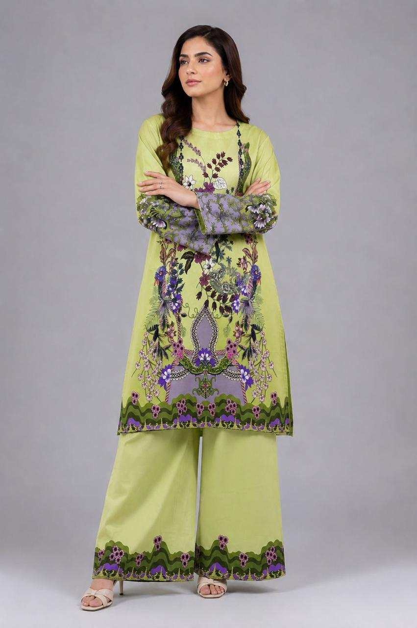 Fresh Lime Tropical Floral Kurta with Wide-Leg Trousers