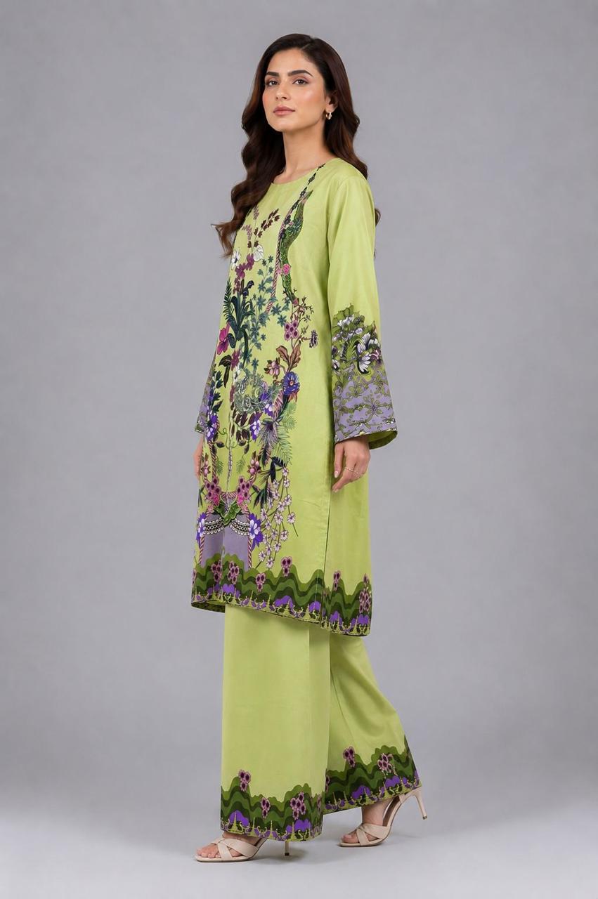 Fresh Lime Tropical Floral Kurta with Wide-Leg Trousers