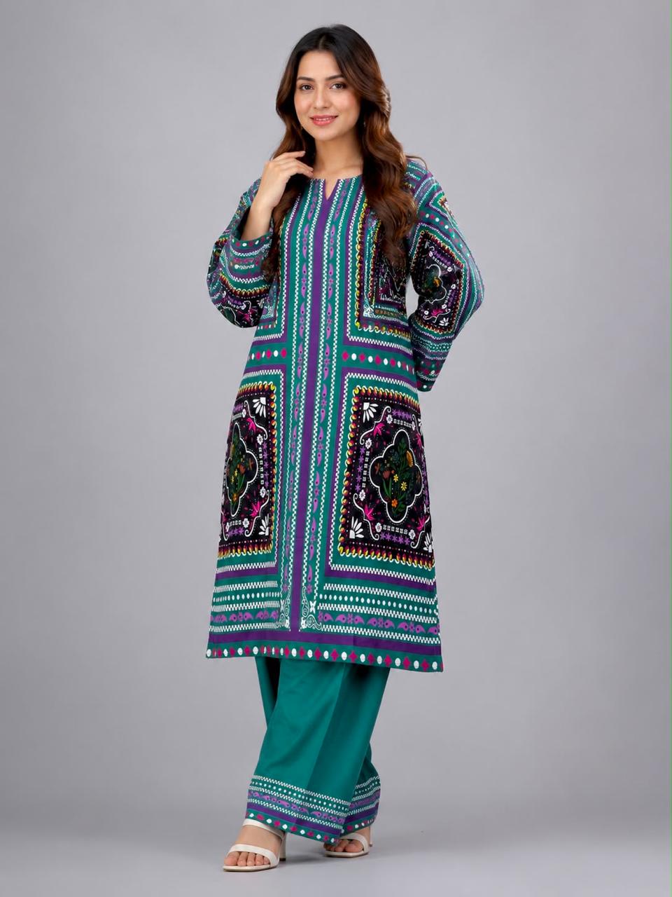Boho Block-Printed Kurta with Wide-Leg Trousers