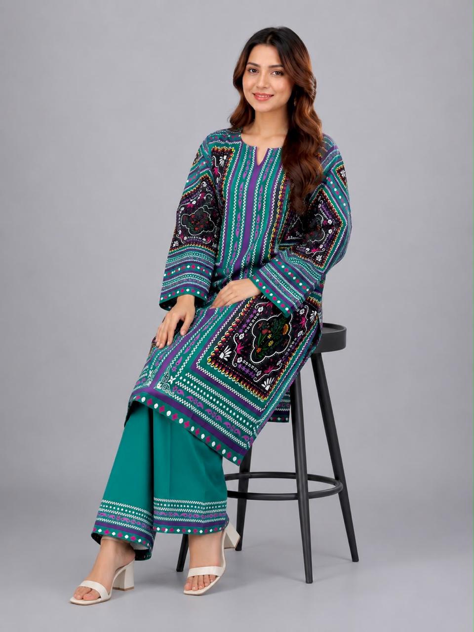 Boho Block-Printed Kurta with Wide-Leg Trousers