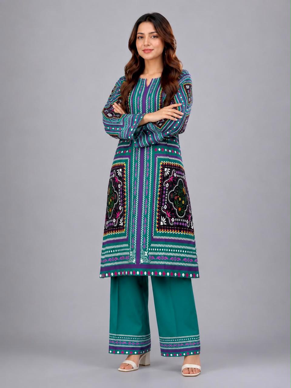 Boho Block-Printed Kurta with Wide-Leg Trousers