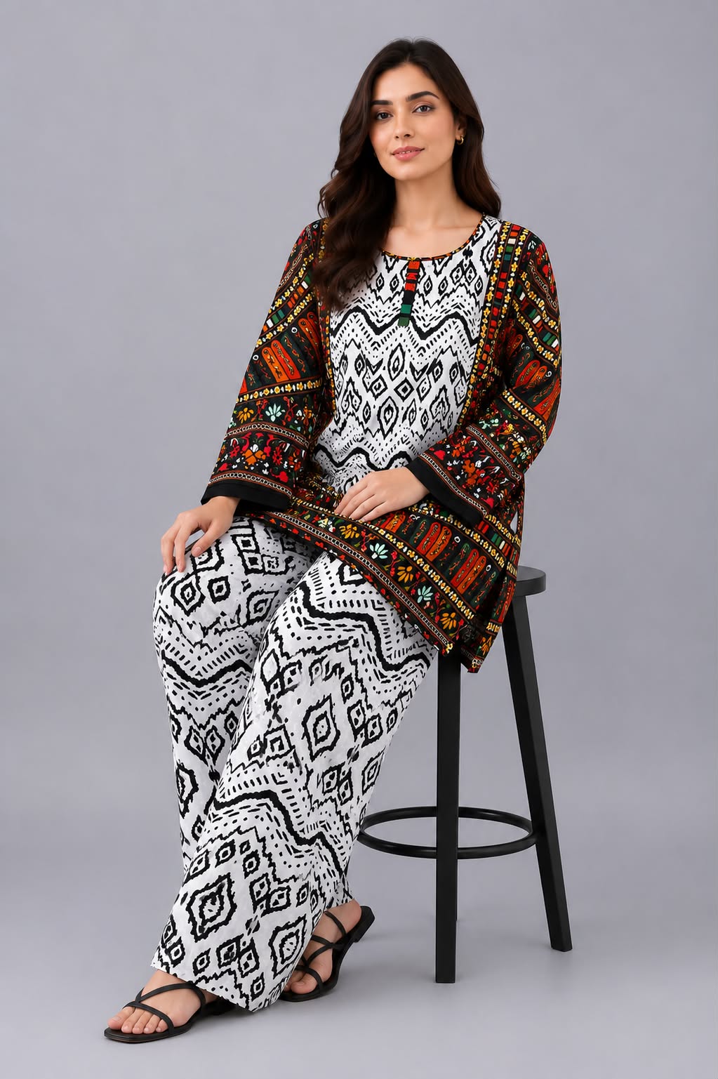 Monochrome Ikat Ethnic Co-ord Set